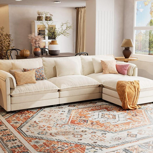 ELUCHANG 113" L Shaped Modular Sectional Sofa, Comfy Cloud Couch, Deep Seat Sofa Couches for Living Room, 4-Seater Modern Sofa with Movable Ottoman for Apartment, DIY Combination,Chenille Cream White