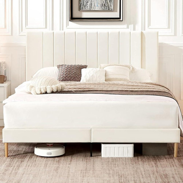 Flolinda Queen Size Platform Bed Frame with Velvet Upholstered Headboard and Wooden Slats Support, Fully Upholstered Mattress Foundation/No Box Spring Needed/Easy Assembly, Beige