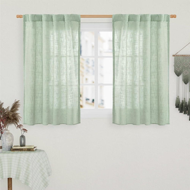 LAMIT 40 Inch Length Linen Curtains for Small Windows, Semi Sheer Light Filtering Panels Back Tab and Rod Pocket Neutral Drapes for Basement/Window/Loft Room, Fresh Green, 2 Panels, 34 x 40 Inch