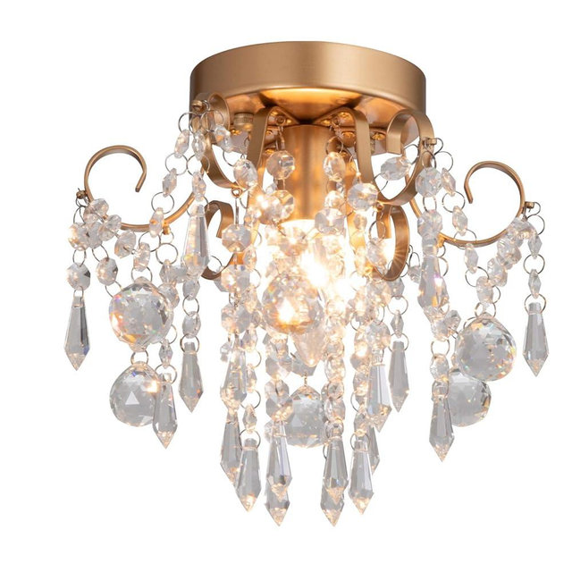 Q&S Mini Chandelier Crystal Ceiling Light,Small Flush Mount Gold Light Fixture for Entryway Bedroom Barthroom Hallway Closet E26