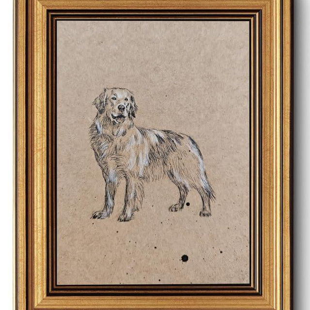 ZLPLLHA Gold Framed Wall Art Vintage Wall Decor Golden Retriever Canvas Art Dog Pet Pictures Portrait Paintings Sketch Artwork Antique Animal Prints For Bedroom Living Room