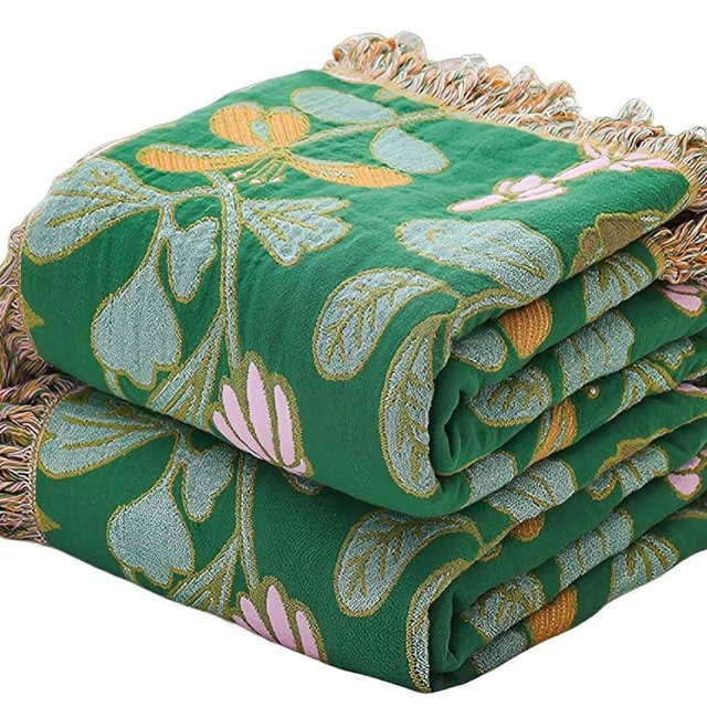 Ffdshc Floral Boho Throw Blanket for Bed,100% Cotton Reversible Cotton Boho Blanket Quilt 80"x90",Soft Cozy Farmhouse Muslin Throw Blankets for All Season, for Sofa, Couch Chair，Travel