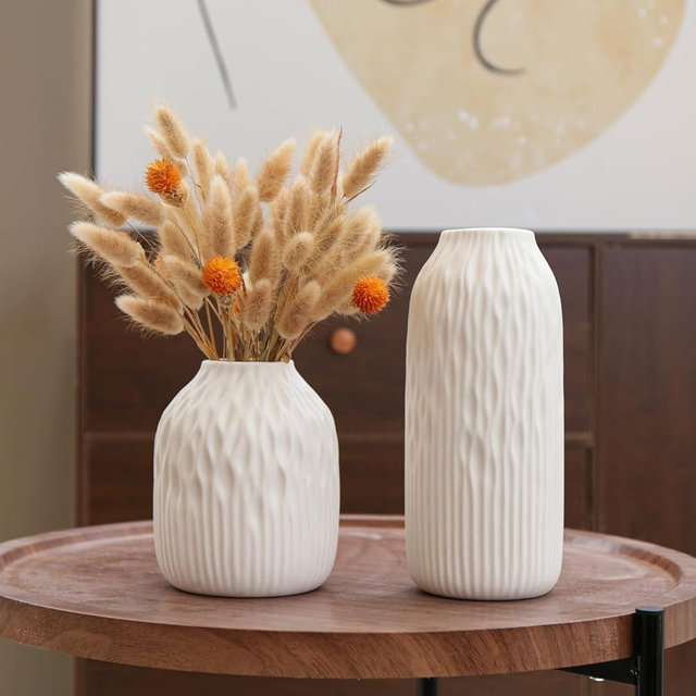 PhiDor White Ceramic Flower Vase Set of 2, Porcelain Cylindrical Dried Flowers Holder, Decorating for Drawing Room/Table/Study/Office Entryway, Modern Simple Boho Style (White)