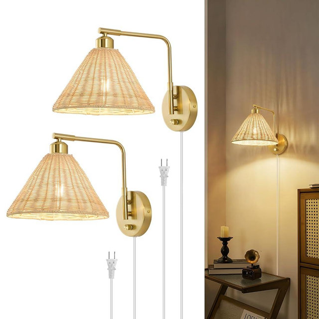 Weaboopre Rattan Plug in Wall Sconce Set of 2, Gold Wall Lamps with Plug in Cord and Dimmer, Hand Woven Boho Sconces Swing Arm Wall Mount Light Fixture Beside Lighting for Bedroom, Living Room