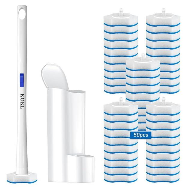 KOKL Disposable Toilet Brush, Toilet Bowl Cleaner Brush with 50PCS Toilet Brush Refills, Toilet Cleaner Refill Pads, Disposable Toilet Bowl Brush and Storage Caddy for Bathroom Cleaning(1-Set)
