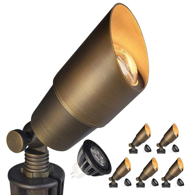 COLOER Brass Landscape Spotlights, 6 Pack Spot Lights Outdoor with 5W Aluminum Housing MR16 LED Bulb 2700K 450LM, 12V AC/DC Low Voltage Outdoor Lighting for Yard, Uplight for Garden and Patio(101B)