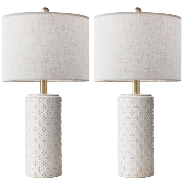 23" Ceramic Table Lamp Set of 2, 3-Way Dimmable Ceramic Table Lamp for Bedroom Farmhouse Bedside, Modern White Desk Lamps Office Reading Lamp for Living Room, Desk, End Table Lamps, LED Bulb