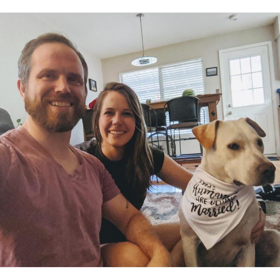 Enlisting Gus to help announce our engagement!