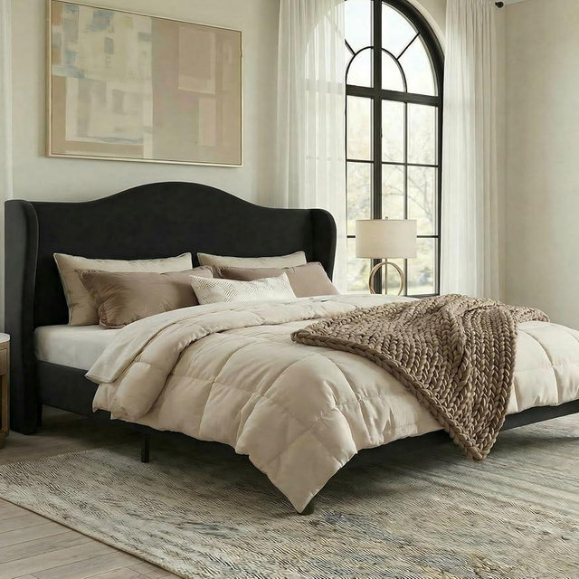 Allewie King Size Bed Frame, Upholstered Wingback Platform with 47" Tall Tufted Headboard, Plush Velvet Fabric, Modern Minimalist Design, No Box Spring Required, Tool-Free Assembly, Black