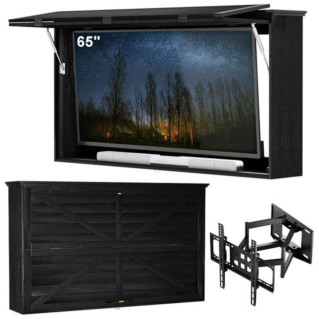 GDLF Outdoor TV Enclosure, 65-Inch Solid Wood Weatherproof TV Cover with Premium Dual-Arm Mount (Fits 60-65 inch), Black