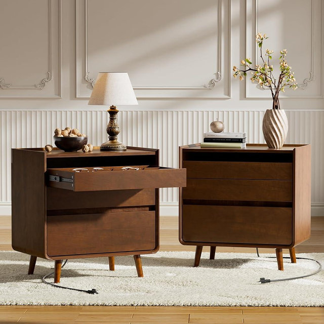 Nightstands Set of 2 with Leg Walnut Night Stand Set 2 Mid Century Modern Nightstands with Charger Station Wooden Bedside Table Set of 2 Night Stands for Bedrooms Set of 2