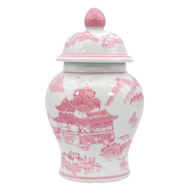 Galt International 8" Ceramic Ginger Jar w/Lid - Classic Chinese Style Porcelain Jar Tea Storage for Home Decor Decorative Centerpiece Vintage Accent Antique Vase Jingdezhen (Pink & White)