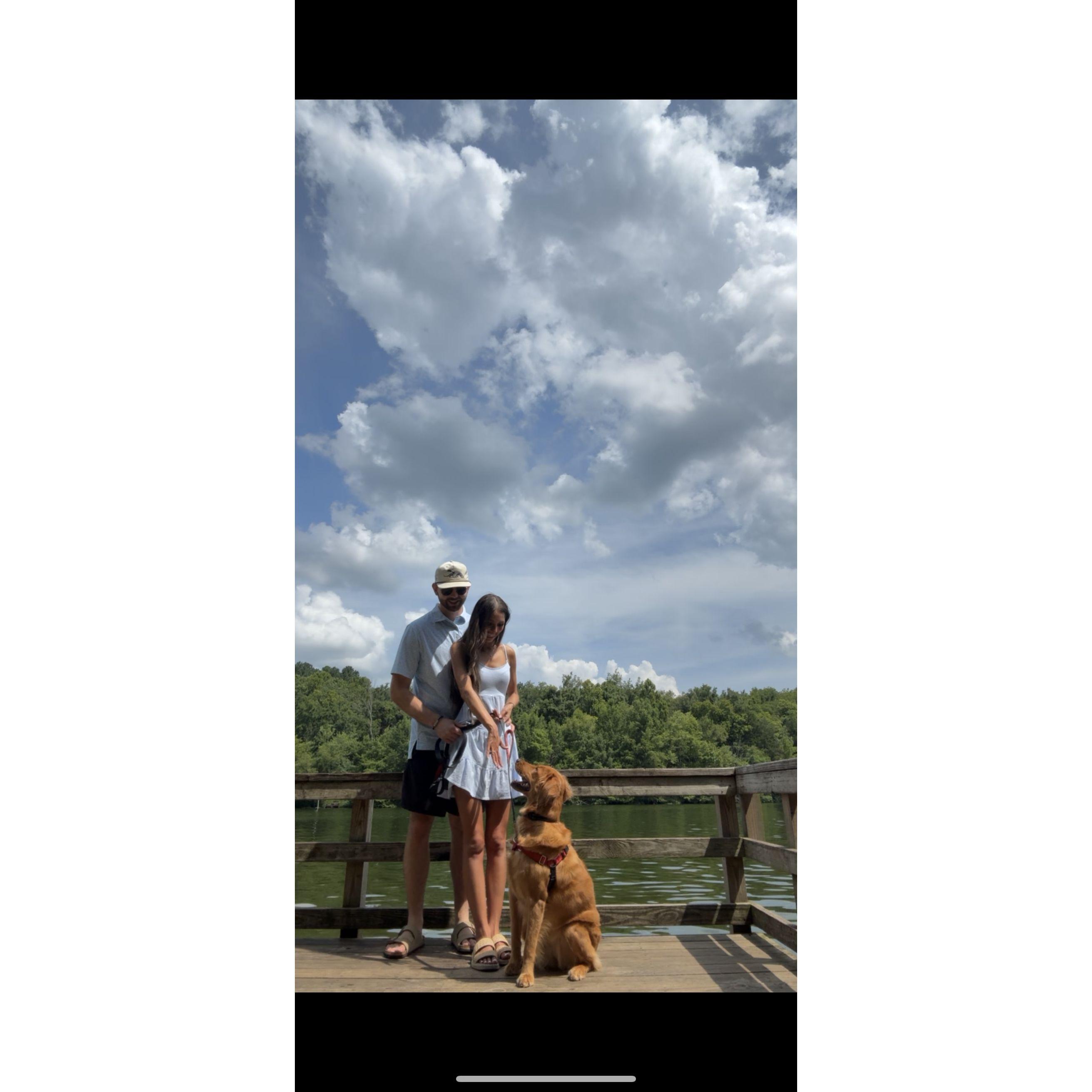 The Day After the “Yes” 💍 We brought Linc (our golden girl and honorary daughter) back to the spot for her approval. Safe to say — tail wags were given. Stamp of approval: ✅