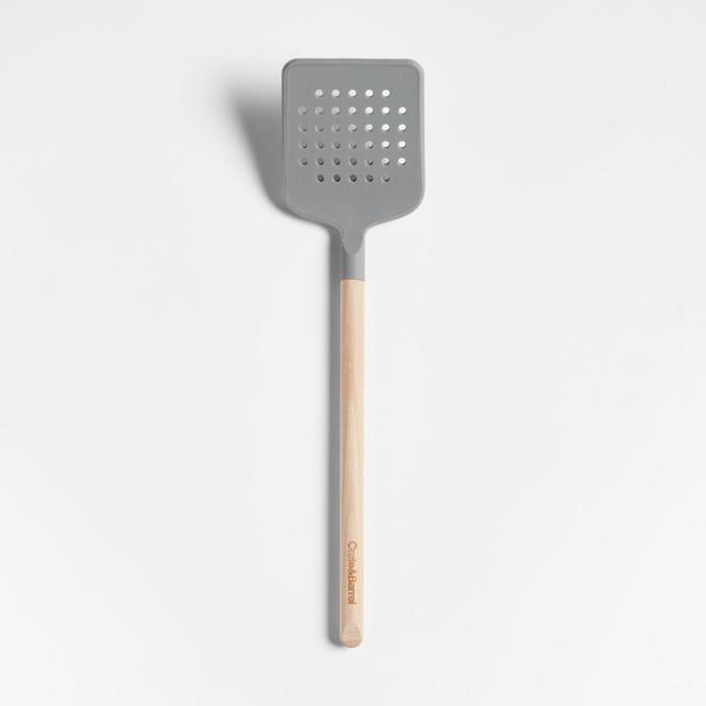 Crate & Barrel Grey Silicone and Wood Slotted Turner