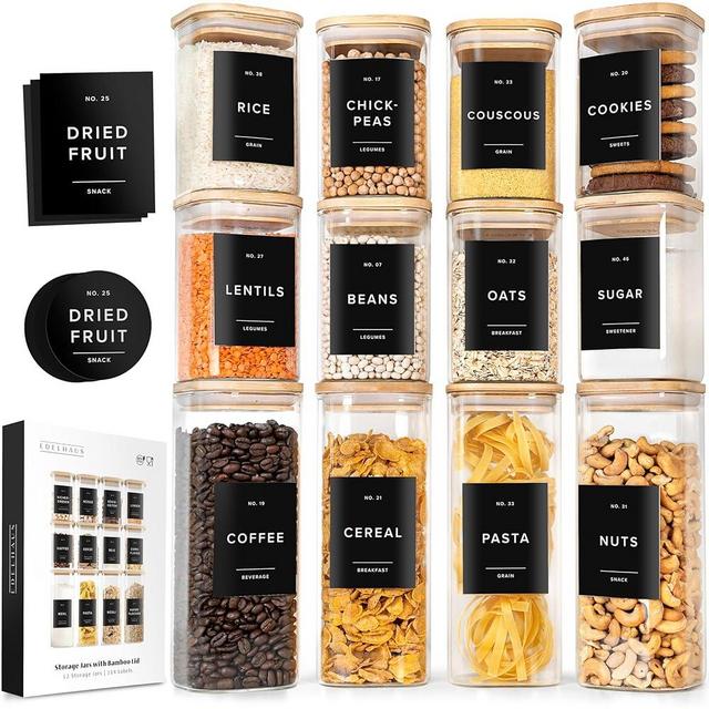 Square Glass Storage Containers with Bamboo Lids 12-Pack (4x 33.8 oz, 8x 20.2 oz) Airtight Storage Jars with Lids for Food, Stackable Kitchen Canisters with 114 Labels for Pantry [Thicker Glass 3mm]