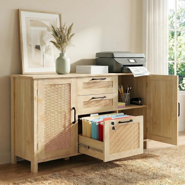 HOPUBUY 3 Drawer and 2 Doors File Cabinet with Lock, Printer Stand Lateral Filing Cabinets for Home Office and School, Wood Rattan File Cabinet for Hanging Files/A4/F4 Size, Natural Wood