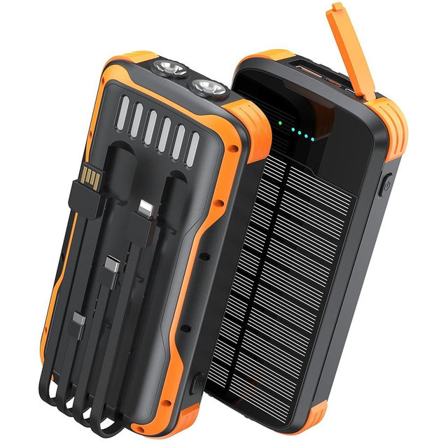 SOXONO Solar Charger Power Bank, PD 20W Fast Charging External Batter, 40000mAh Portable Phone Charger Built in 4 Cables with Dual Bright Flashlights for Camping, Hiking, and Outdoor Use