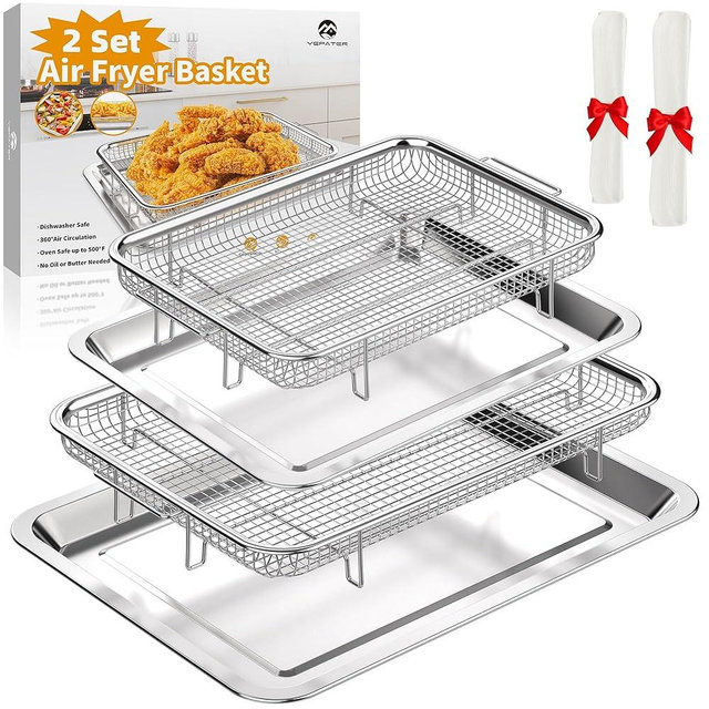 Air Fryer Basket for Oven，YEPATER 2 Set Stainless Steel Air Fryer Tray and Pans for Oven,Air Fryer Pan with Crisper Tray for Baking Grilling Cooking and Frying
