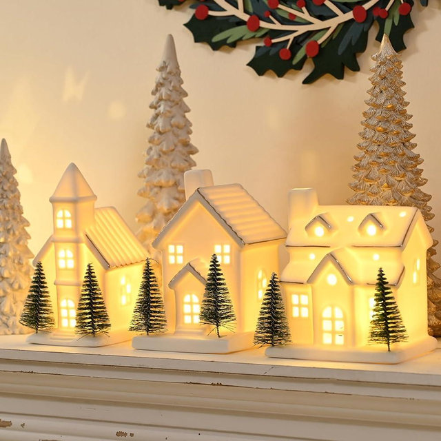 AOMOONOA Ceramic White Christmas Village Houses, 3Pcs Light Up Small Porcelain Village House with 6Pcs Christmas Trees, LED Lighted Tabletop House Figurines for Home Decor, Winter Holiday DIY, Gift