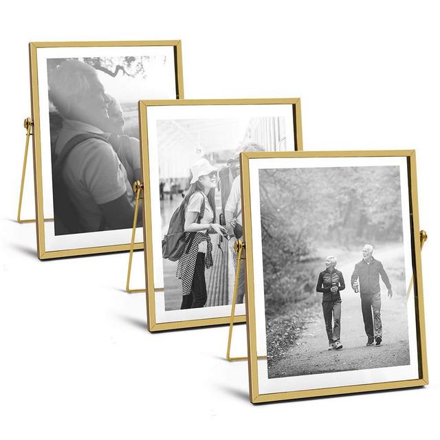 AceList Metal Picture Frames, Set of 3 Ornate Minimal Floating Edge Clear Glass Table Top Easel Stand Photo Frames in Gold, 5 x 7, Assortment Variety