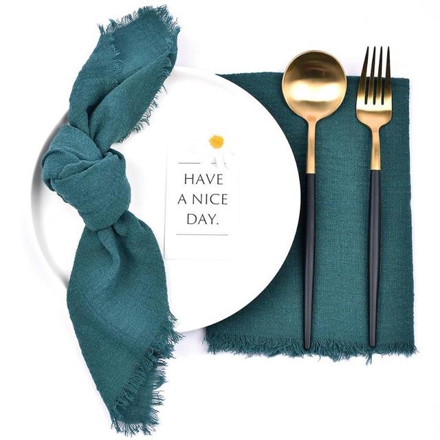 Joanlody Handmade Gauze Napkins 16.5x16.5 Inches Cotton Cloth Napkins with Fringe Rustic Dinner Napkins for Wedding Party Baby Shower Set of 10 Emerald Green