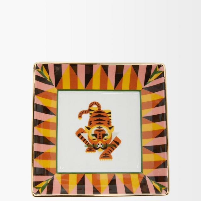 La DoubleJTiger-print gilded porcelain tray