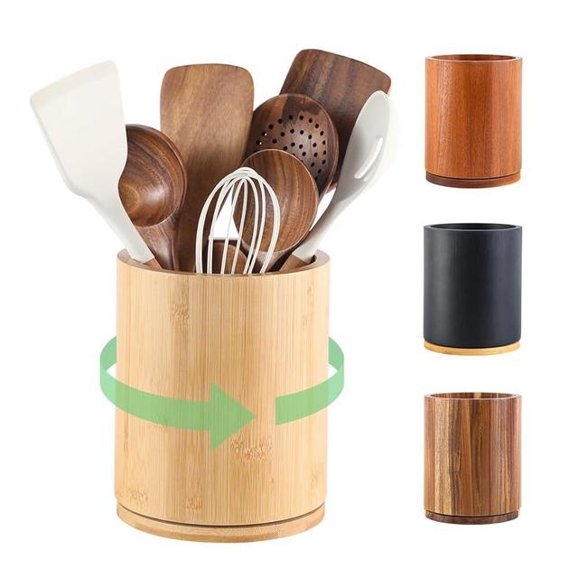 gorsent Wooden Utensil Holder, 360°Rotating 7.3'' Large Kitchen Utensil Holder for Kitchen Counter, Kitchen Utensil Organizer, Utensil Crock, Farmhouse Kitchen Countertop Decor, Bamboo Utensil Holder