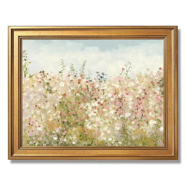 Licpach Wildflower Field Vintage Canvas Wall Art Rustic Floral Spring Landscape Painting Farmhouse Botanical Flower Poster Countryside Nature Print for Living Room Bedroom Decor 12X16inch Golden Frame