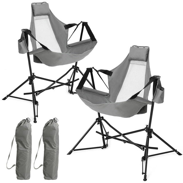 HOMEFUN Hammock Camping Chairs Set of 2- Portable Swinging Chair for Adults with Stand and Storage Bag, Oversized Folding Rocking for Lawn Camp Fishing Hiking, Gray