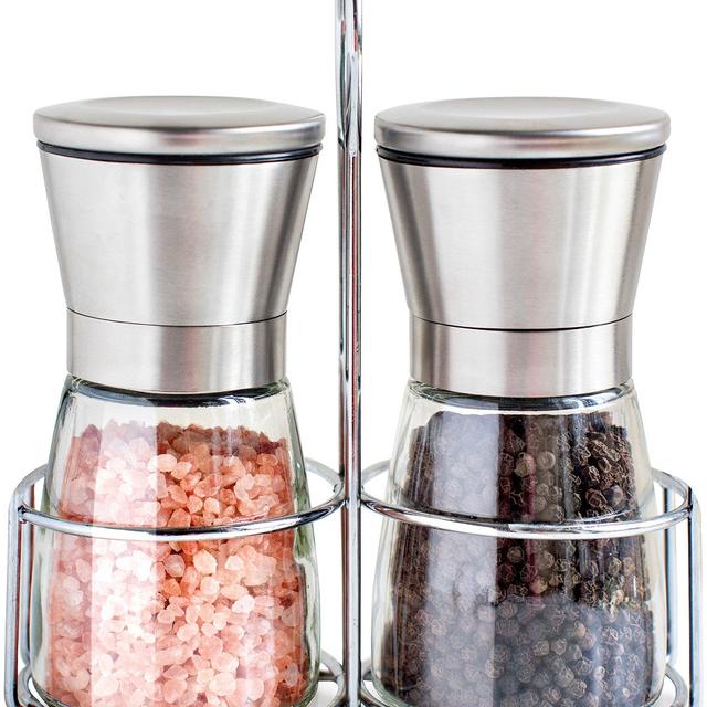 Premium Stainless Steel Salt and Pepper Grinder Set With Stand - Salt and Pepper Shakers with Adjustable Coarseness - Salt Grinders and Pepper Mill Shaker Mills Set