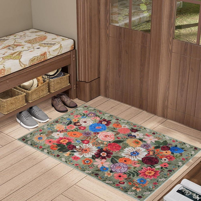 Floral Rug for Entryway, 2X3 Washable Kitchen Mat Ultra-Thin Soft, Non-Slip Indoor Door Carpet Stain Resistant Boho Small Low-Pile Throw for Bathroom Bedroom (2 x 3, Green Garden)