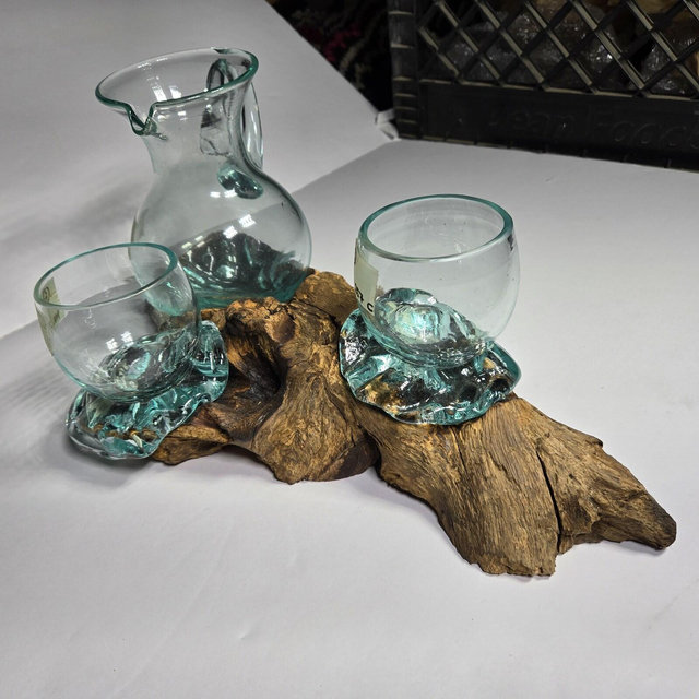 Handblown Glass Pitcher Set Melted Glass on Driftwood Base - Removable Glass Art, Handcrafted Natural Decor Driftwood Decorating