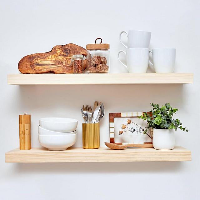 Homeforia Rustic Farmhouse Floating Shelves, Bathroom Wooden Shelves for Wall Mounted, Thick Industrial Kitchen Wood Shelf - 30 x 6.5 x 1.75 inch - Set of 2 - Unfinished - No Stain - DIY