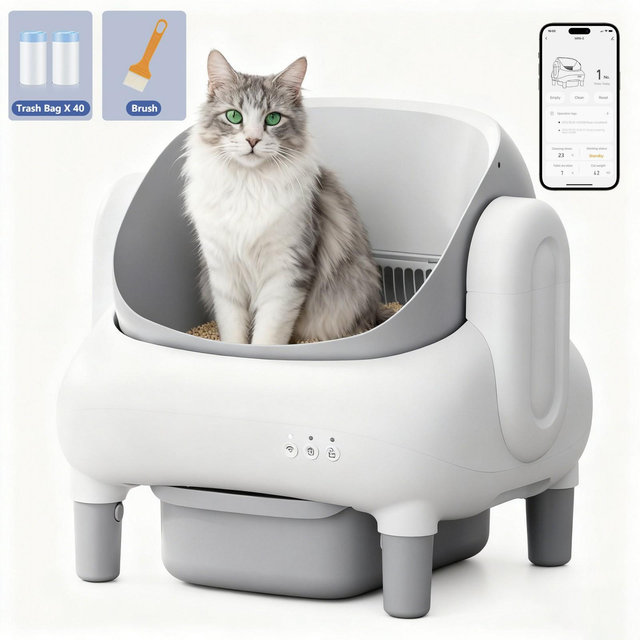 Cumrige Self Cleaning Litter Box Open Top Automatic Litter Box with App Control for Multiple Cats Grey