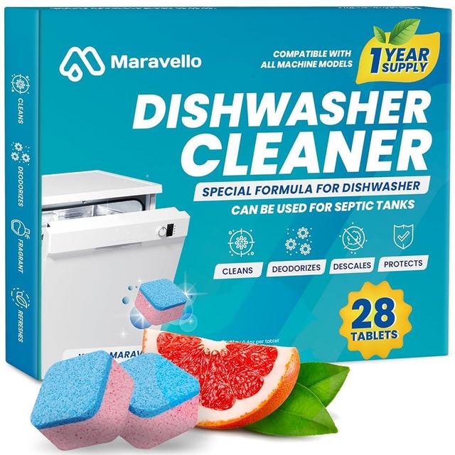 Dishwasher Cleaner and Deodorizer 28 Tablets: Maravello Clean Dish Washer Machine Detergent Tabs - Deep Cleaning Descaler Pods - Remove Limescale/Hard Water/Calcium/Grease and Odor - Septic Tank Safe
