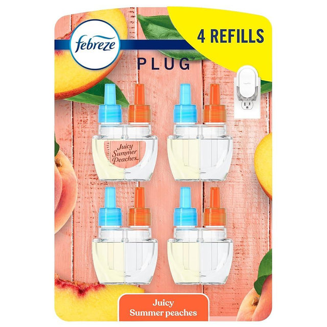 Febreze Plug In Air Freshener, Odor-Fighting Scented Oil Refill, Air Fresheners for Home and Bathroom and Kitchen, Long Lasting for Strong Odors, Juicy Summer Peaches Scent, 0.87oz Refills, 4 Count