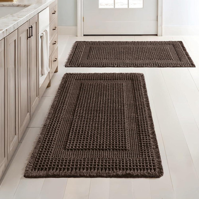 MIULEE Set of 2 Waffle Bathroom Rugs, Boho Bath Rug Super Absorbent, Non Slip Washable Ultra Soft Rubber Backed Shower Bath Mats for Floor, Tub, Shower, Looped Design, Chocolate, 18x30 Inch