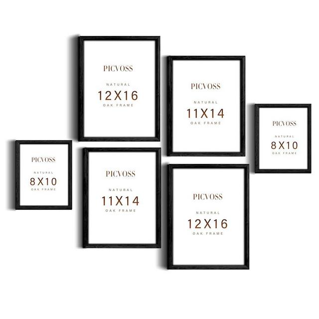 picvoss Natural Oak Wood Picture Frames - Set of 6 Frame Sets for Wall Collage, Gallery Wall Frame Set Assorted, Picture Frame Sets for Wall Collage (Two 8x10, Two 11x14, Two 12x16 Framed Black)