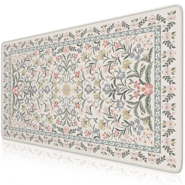 iCasso Desk Matt for Desktop, Cute Desk Pad Mat, XXL Large Mouse Pad, Anti-Slip Big Mousepad with Stitched Edges, Keyboard Pad for Computer(Gray Floral)