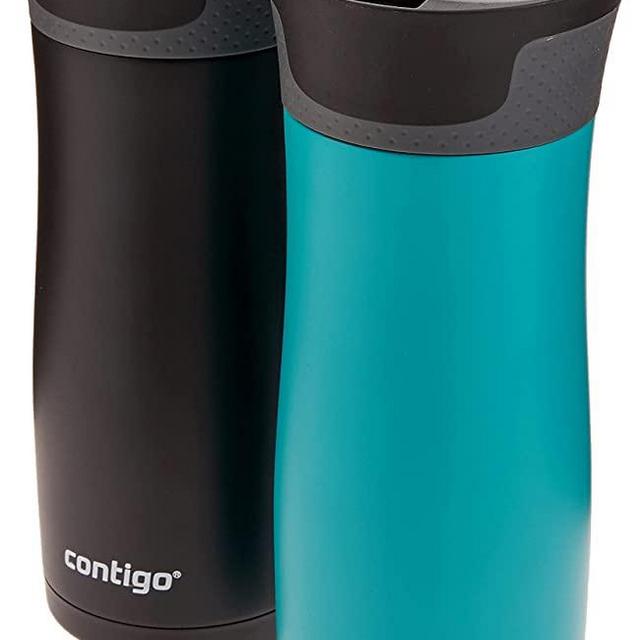 Autoseal West Loop Vacuum-Insulated Stainless Steel Travel Mugs with Easy-Clean Lid, 16oz, 2-Pack, Matte Black & Scuba (No Handle)