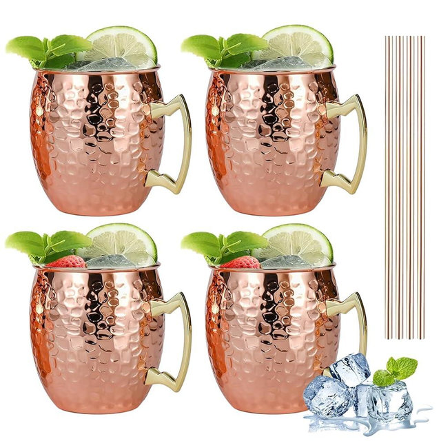 TJ Moscow Mule Mugs Set of 4, Rose Hammered Mule Cup 17 oz, Stainless Steel Lining Brass Handles Mug Set, Copper Mugs, Mule Mugs, Moscow Mule Kit Gift for Cold Drinks Cocktail Beer Wine Party Bar