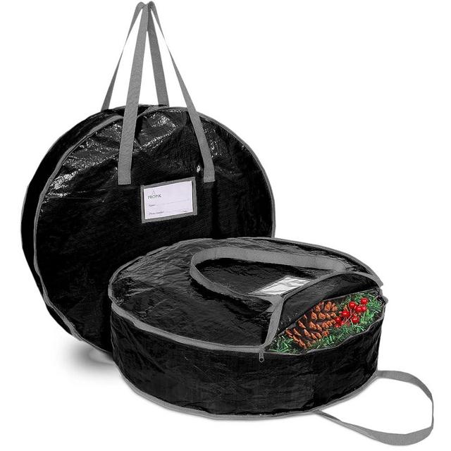 ProPik Christmas Wreath Storage Bag 24" - Garland Holiday Container with Tear Resistant Material - Featuring Heavy Duty Handles and Transparent Card Slot - 2 Pack (24 Inch, Black)