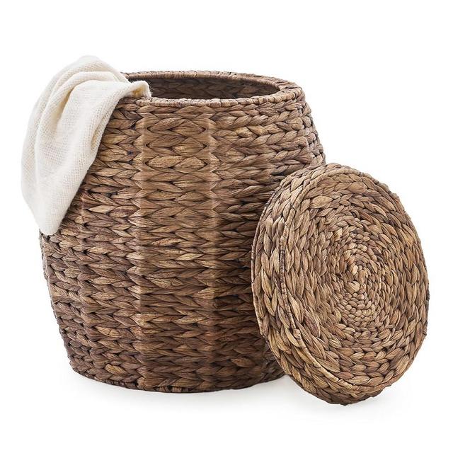 LGENHOOM Round Wicker Basket with Lid, Handwoven Hyacinth Storage Basket, Blanket Organizer Basket for Laundry, Bathroom, Bedroom, Living Room, Office