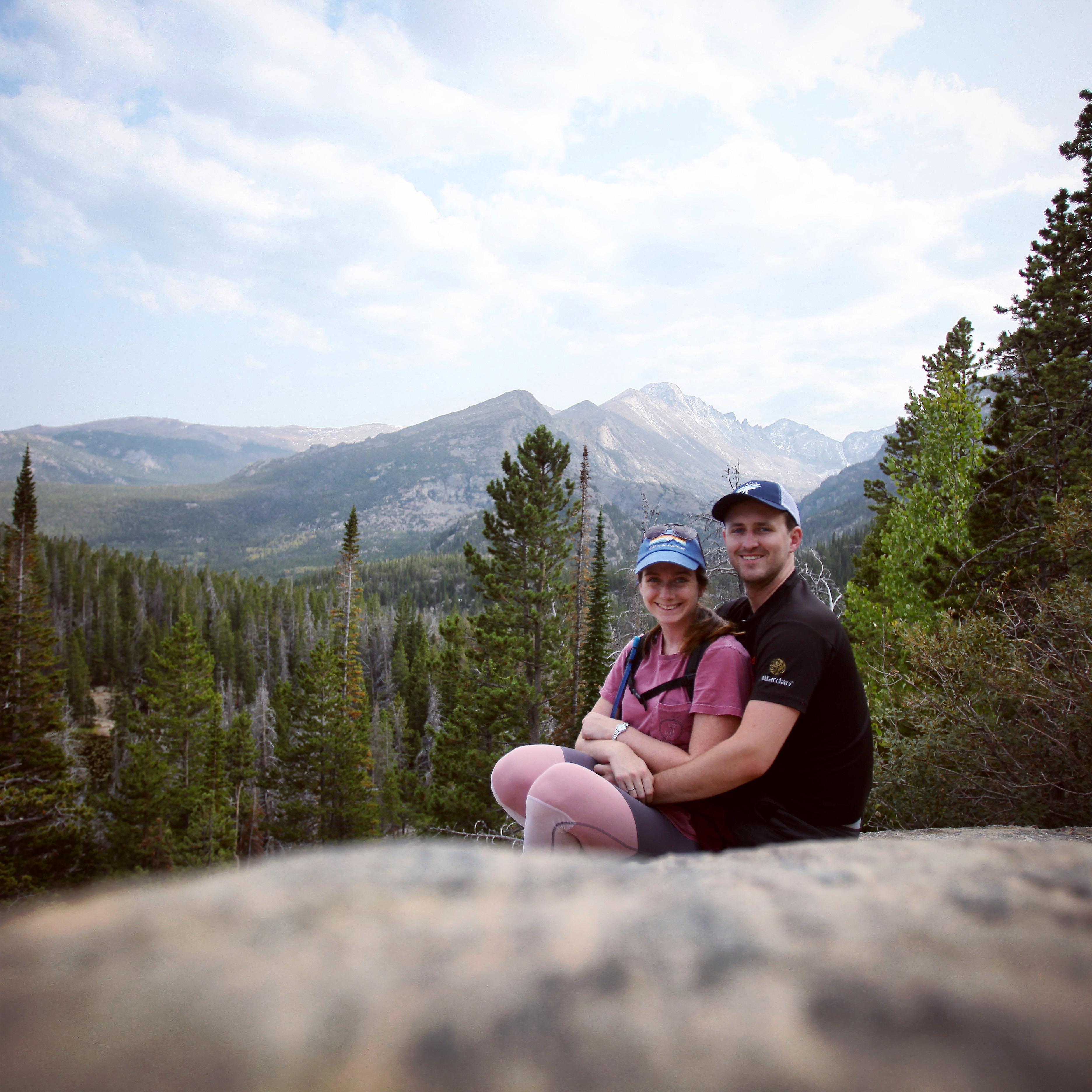 We took a trip together to Colorado (Emily's favorite state) in 2020. Here, we're on a hike at Rocky Mountain National Park.