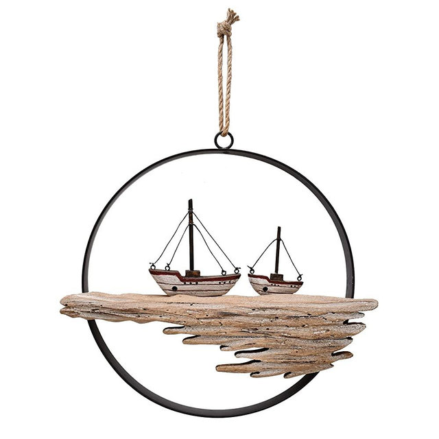 Nautical Wood Wall Decoration Rustic Wooden Hanging Circle Ocean Home Decor Hand Carved Beach Themed Ornament for Door (Sailboat)