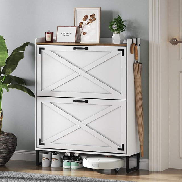 Farmhouse Shoe Cabinet with 2 Flip Drawers, Back Panel, Removable Shelves & 2 Movable Hooks, Adjustable Metal Feet, Rustic Entryway Organizer