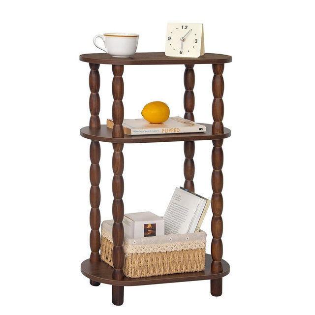 MaxSmeo Small Side Table, 3-Tier Narrow Small End Table with Storage, Skinny Bedside Table Nightstand, Bedrooms, Living Room (Walnut Brown)