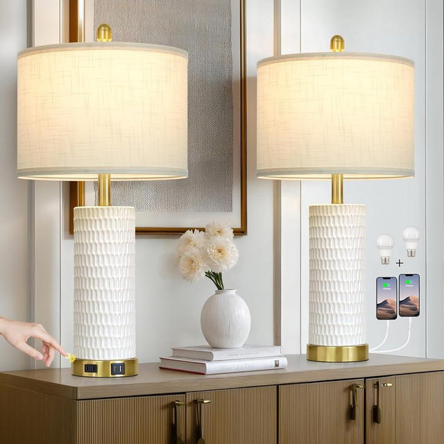 27" White Ceramic Lamps for Living Room, 3-Way Dimmable Touch Ceramic Table Lamp Set of 2 for Bedroom，Rustic Farmhouse Bedside Lamp with USB A+C & Outlets, Elegant Bedroom Lamp for Nightstand