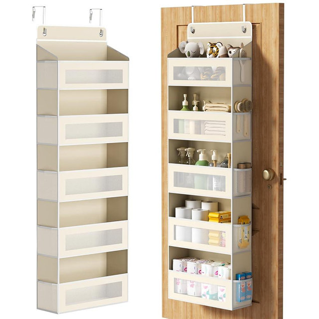 Over The Door Organizer with 5 Large Pockets, Over the Door Storage 10 Side Pocket 44 lb Load Behind Door Storage, Closet Door Organizer Hanging Shelf for Wall Bathroom Bedroom Nursery, 5-Tier Beige