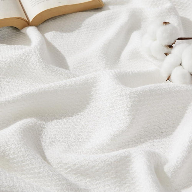 Bedsure GentleSoft 100% Cotton Blanket Queen Size for Bed - Breathable and Lightweight, Soft Cozy Textured Herringbone Woven Blanket for Summer, White, 90x90 inches
